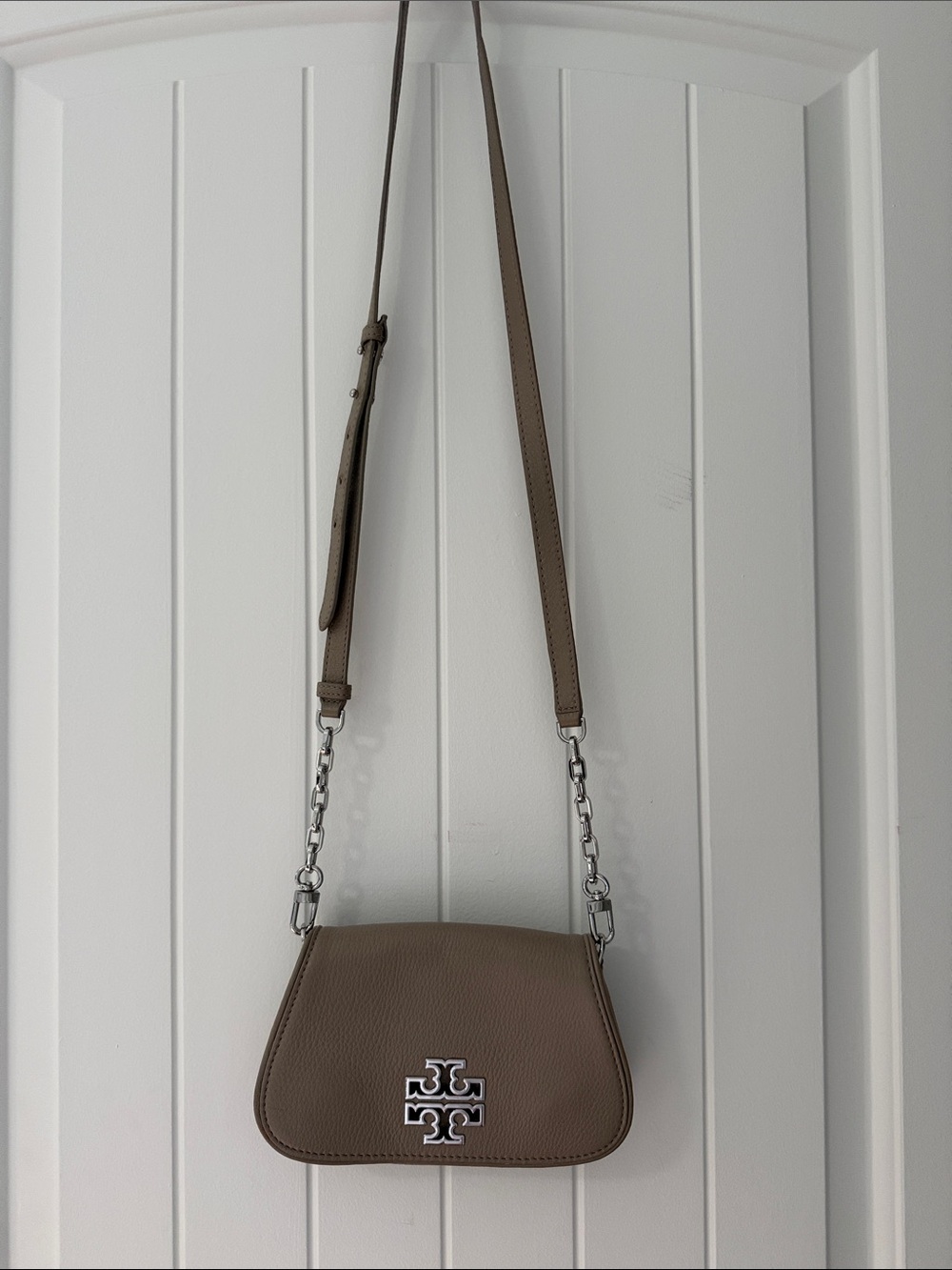 Tory Burch Taupe Pebbled Leather Chain Strap Crossbody